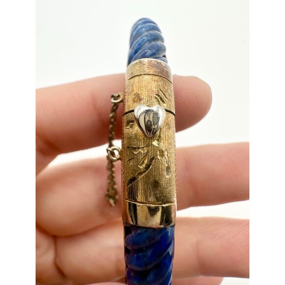 Vintage sterling silver gold plated carved lapis lazuli bangle Bracelet - Picture 8 of 10